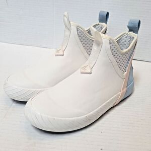 Sperry Womens Cutwater Deck Rain Boots White Sz 5 Blue Pink Slip-On Ankle Bootie